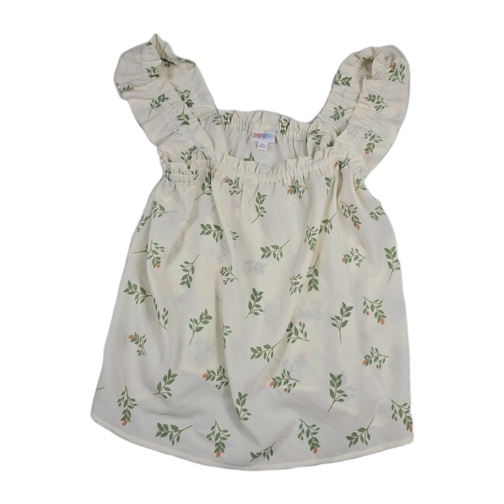 LuLaRoe Women Medium Cream Floral Leaf Ruffle Sleeve Square Neck Tank Top Blouse